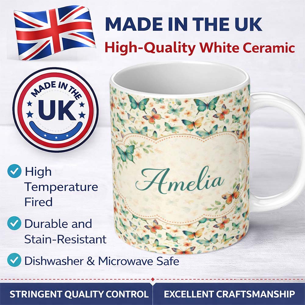 Personalized Custom Name Delicate Vintage Butterflies with Soft Floral Touch Seamless Pattern 11oz Ceramic Coffee Tea Mug White Large Handle