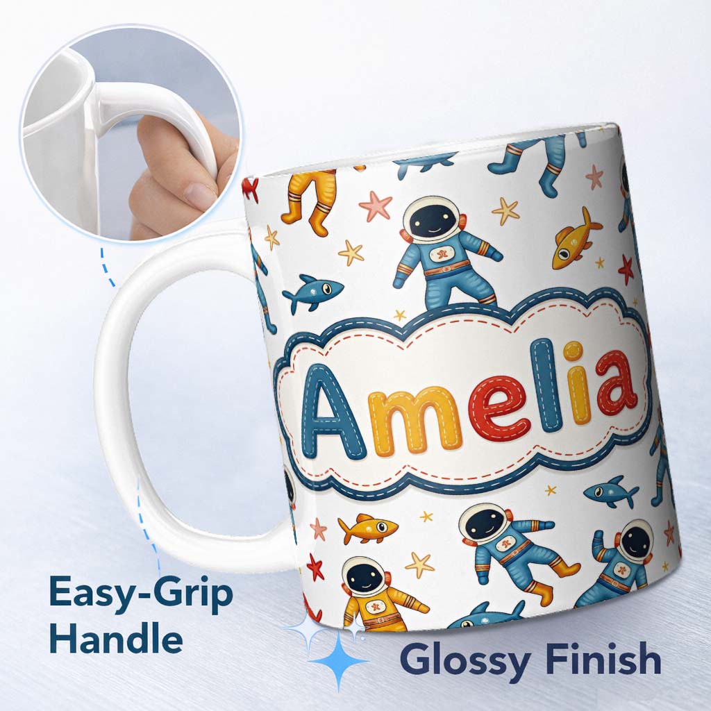 Personalized Custom Name Cute Cartoon Astronaut Space Kids Seamless Pattern Cute Unique Gift 11oz Ceramic Coffee Tea Mug White Large Handle