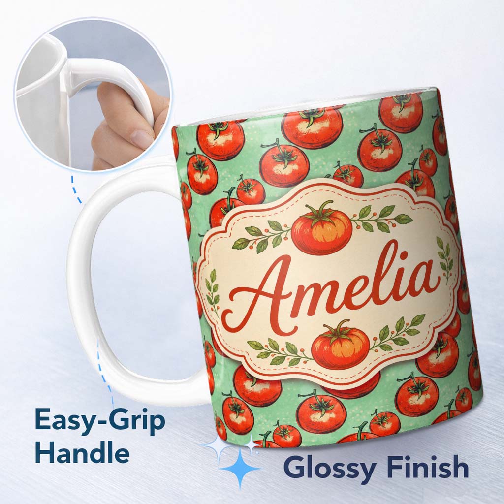 Personalized Custom Name Hand Drawn Red Tomatoes on Soft Mint Background Simple Repeat Lovely 11oz Ceramic Coffee Tea Mug White Large Handle