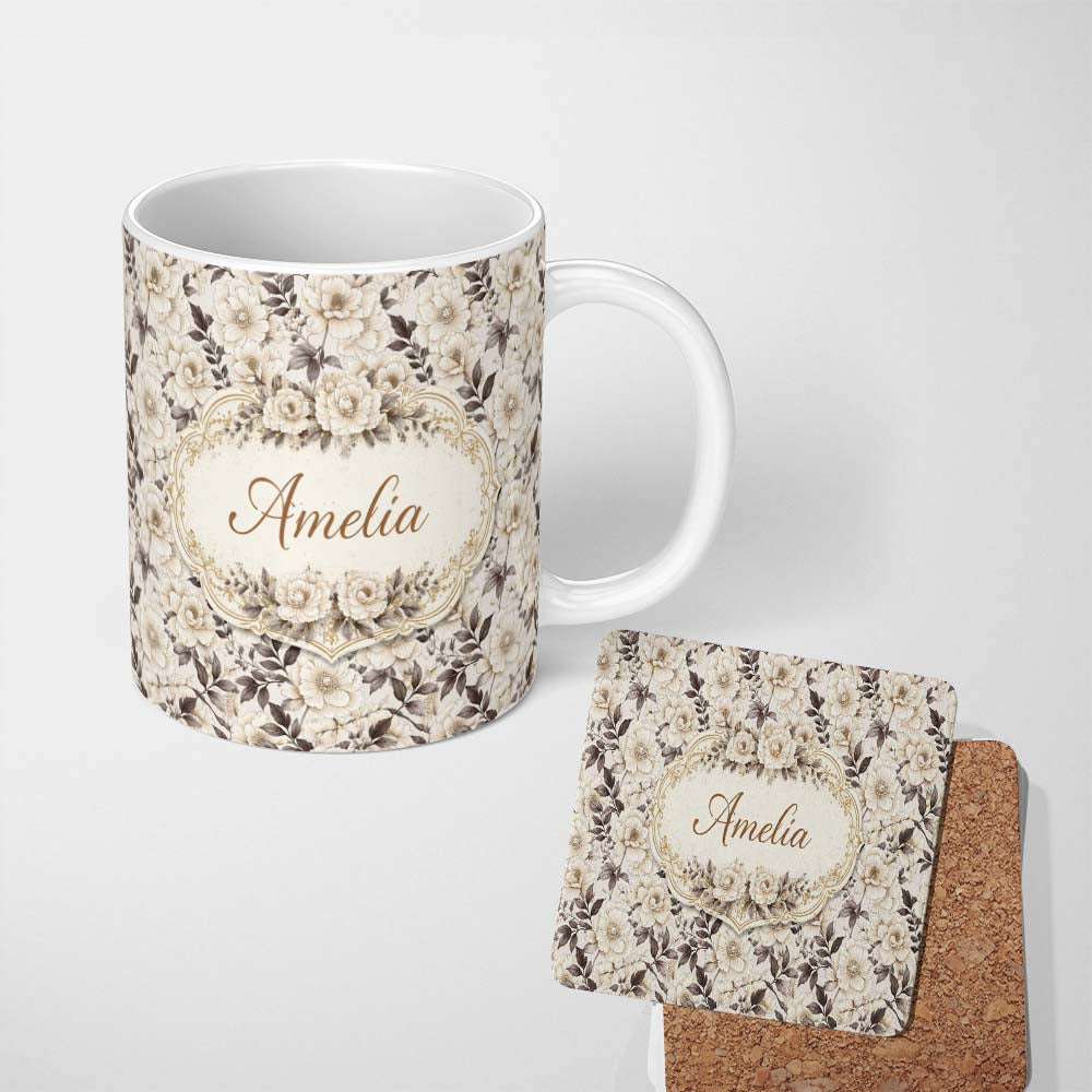 Personalized Custom Name Elegant Monochrome Floral Vintage Botanical Seamless Pattern Neutral 11oz Ceramic Coffee Tea Mug White Large Handle