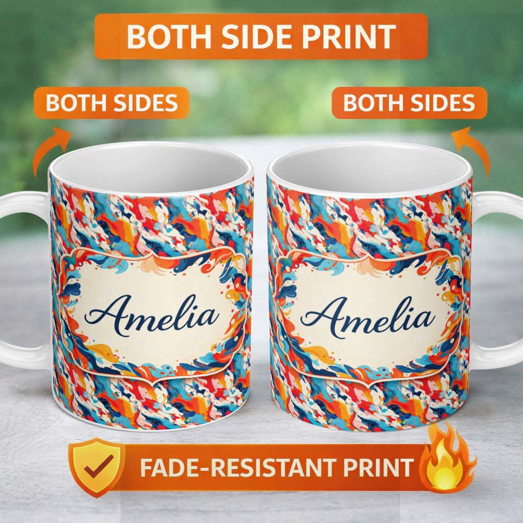 Personalized Custom Name Bold Brush Stroke Abstract Red Blue White Pattern Cute Unique Gift 11oz Ceramic Coffee Tea Mug White Large Handle
