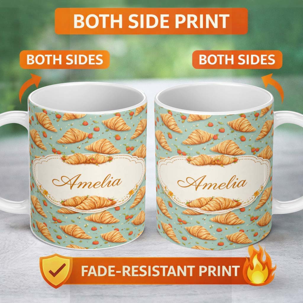 Personalized Custom Name Croissant and Strawberry Playful Teal Background Seamless Pattern 11oz Ceramic Coffee Tea Mug White Large Handle