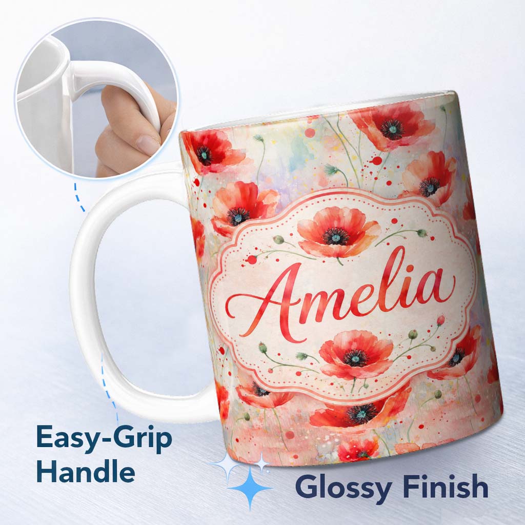 Personalized Custom Name Watercolor Red Poppy Flowers Soft Artistic Seamless Pattern Lovely 11oz Ceramic Coffee Tea Mug White Large Handle