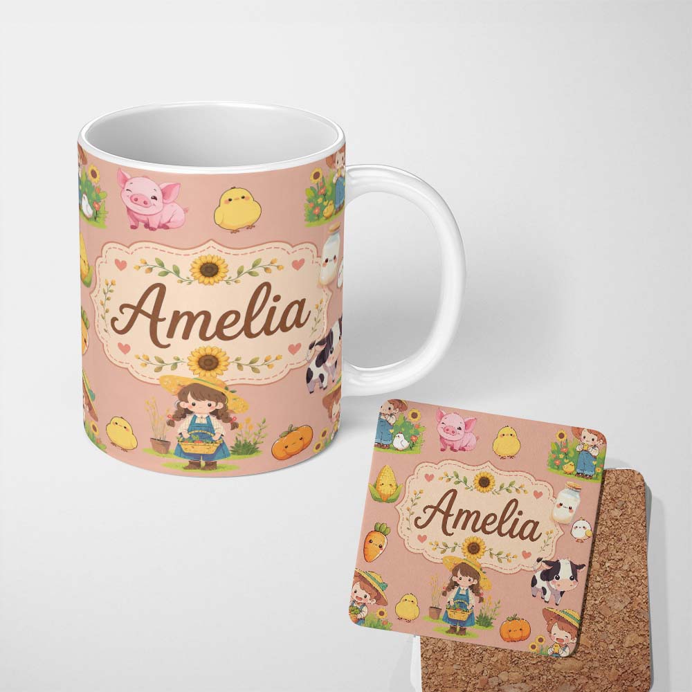Personalized Custom Name Cute Farm Girl Animals Harvest Seamless Pattern Peach Background 11oz Ceramic Coffee Tea Mug White Large Handle