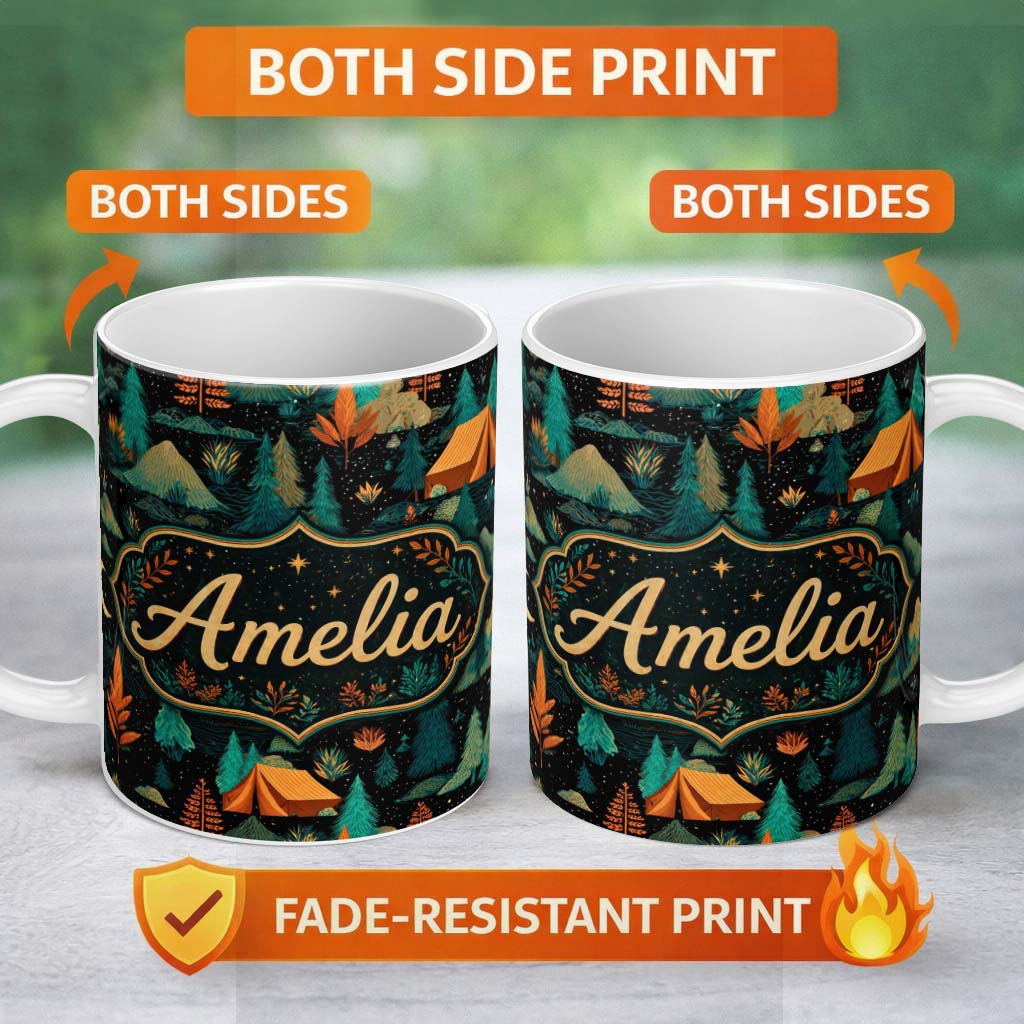 Personalized Custom Name Stylized Forest Trees Nature Seamless Pattern Beautiful Coffee Cup 11oz Ceramic Coffee Tea Mug White Large Handle