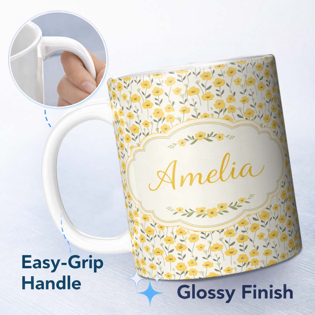Personalized Custom Name Yellow Wildflower Seamless Pattern Minimal Botanical Design Lovely 11oz Ceramic Coffee Tea Mug White Large Handle