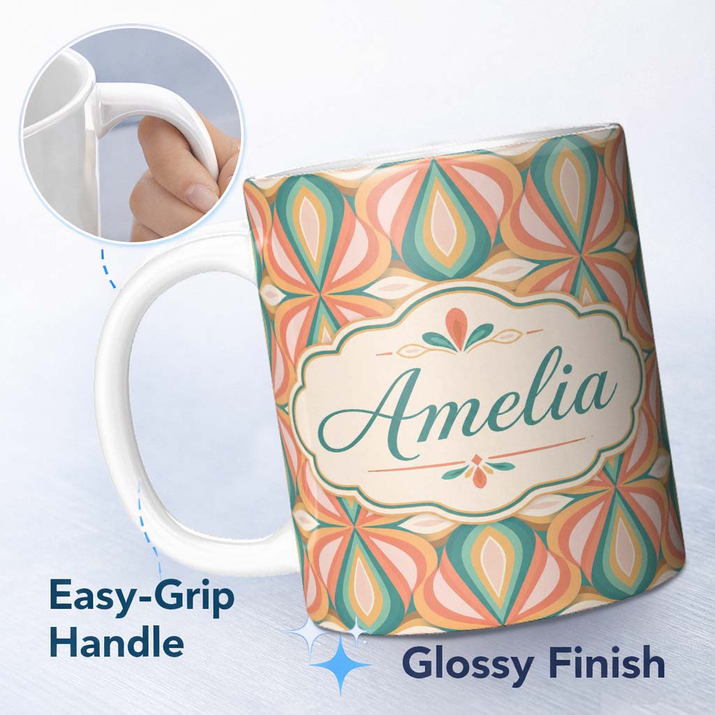 Personalized Custom Name Vintage Tile Style Geometric Pattern in Brown and Cream Tones Lovely 11oz Ceramic Coffee Tea Mug White Large Handle