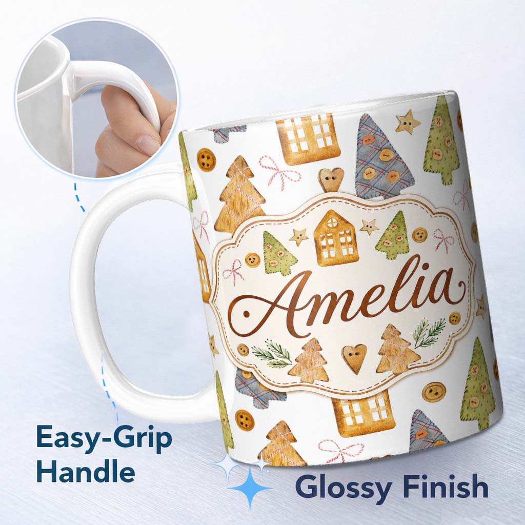Personalized Custom Name Rustic Christmas Cookies Trees Houses Buttons Seamless Pattern 11oz Ceramic Coffee Tea Mug White Large Handle