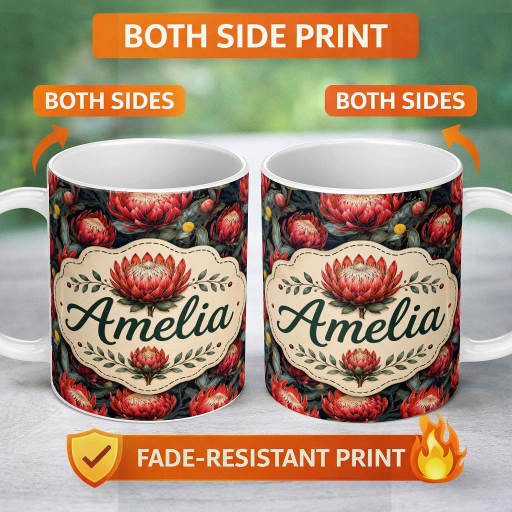 Personalized Custom Name Dark Background Red Protea Botanical Seamless Pattern Lovely 11oz Ceramic Coffee Tea Mug White Large Handle