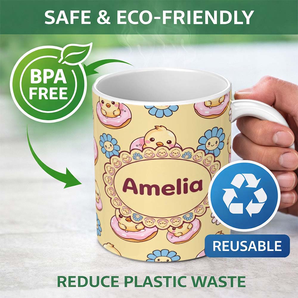 Personalized Custom Name Cute Baby Chick Donut Flowers Seamless Pattern Pastel Yellow Lovely 11oz Ceramic Coffee Tea Mug White Large Handle