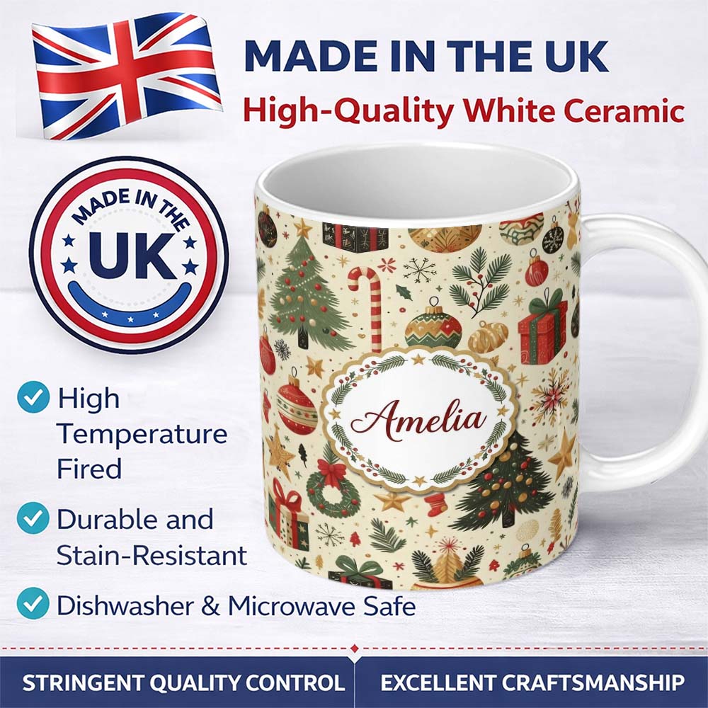 Personalized Custom Name Festive Christmas Ornament Candy Cane Tree Holiday Seamless Pattern 11oz Ceramic Coffee Tea Mug White Large Handle