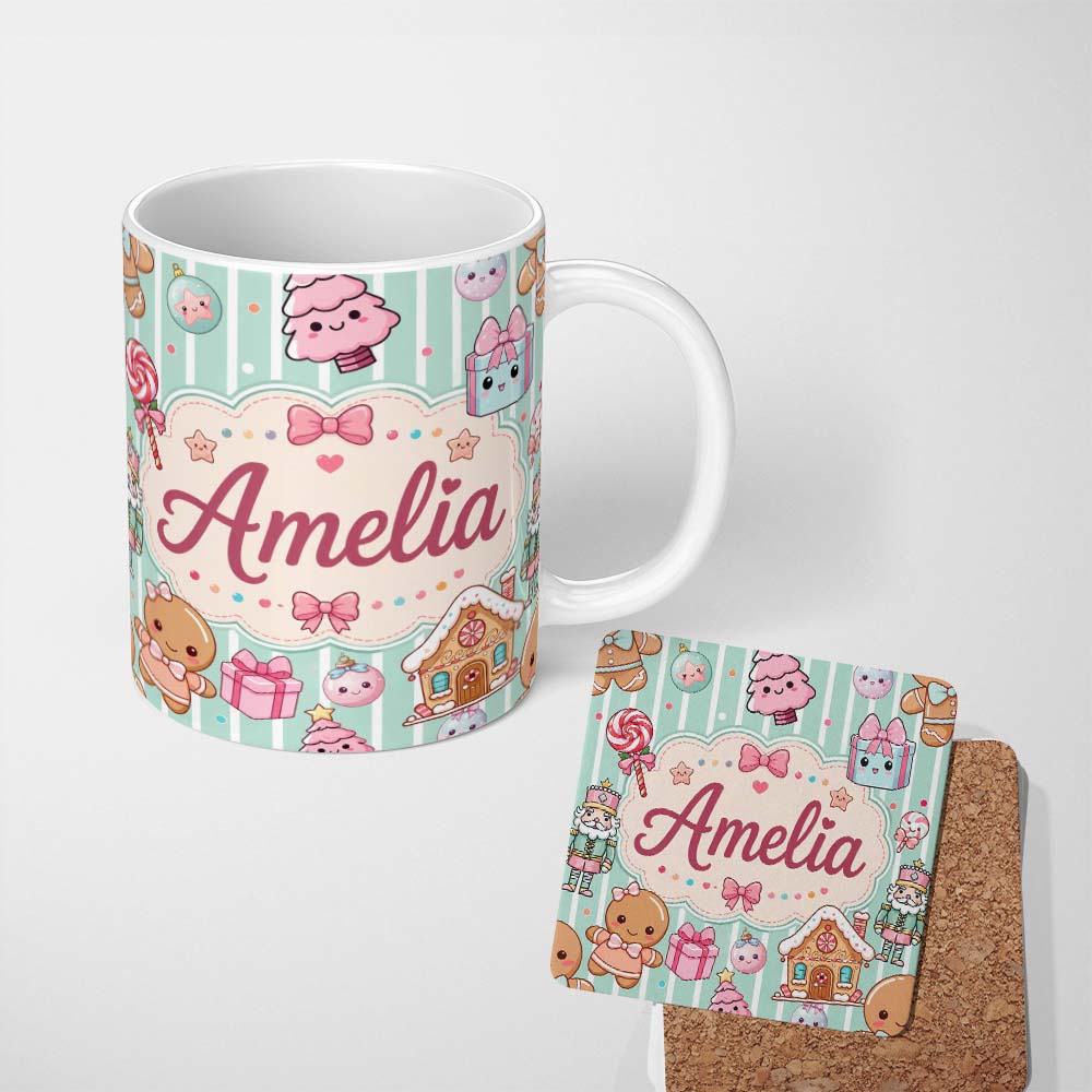 Personalized Custom Name Cute Christmas Gingerbread Candy House Gifts Pattern Teal Stripe 11oz Ceramic Coffee Tea Mug White Large Handle