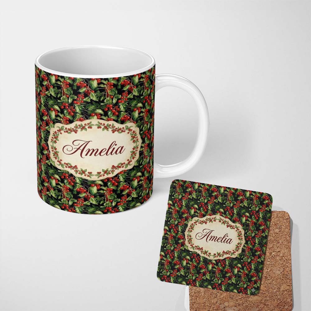 Personalized Custom Name Rich Dark Holly Leaves and Red Berries Christmas Seamless Pattern 11oz Ceramic Coffee Tea Mug White Large Handle