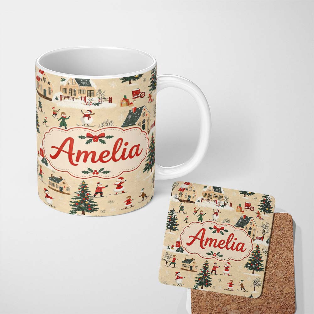 Personalized Custom Name Classic Winter Village Ice Skating Christmas Scene Seamless Pattern 11oz Ceramic Coffee Tea Mug White Large Handle