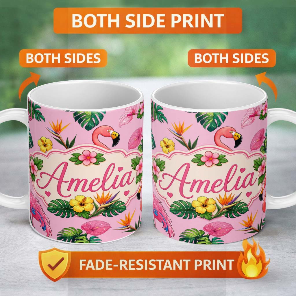 Personalized Custom Name Tropical Flamingo with Hibiscus Flowers and Leaves Blush Pink Lovely 11oz Ceramic Coffee Tea Mug White Large Handle