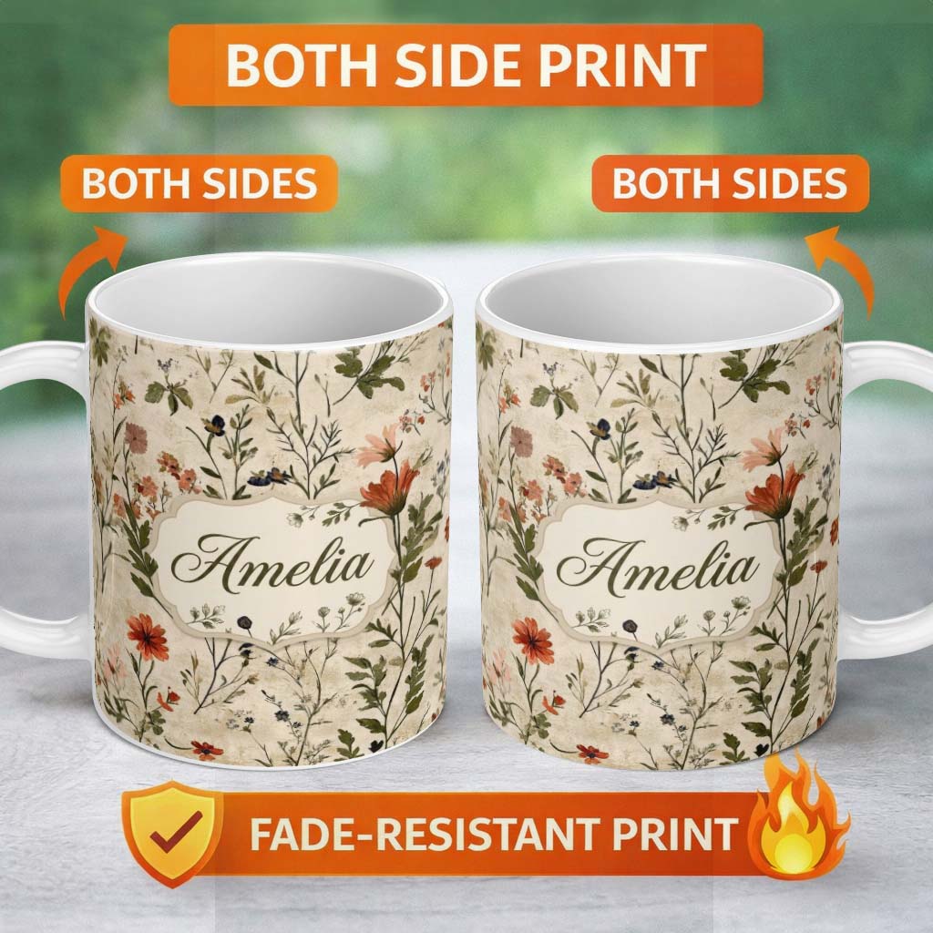 Personalized Custom Name Colorful Wildflower Meadow Botanical Seamless Pattern Lovely 11oz Ceramic Coffee Tea Mug White Large Handle