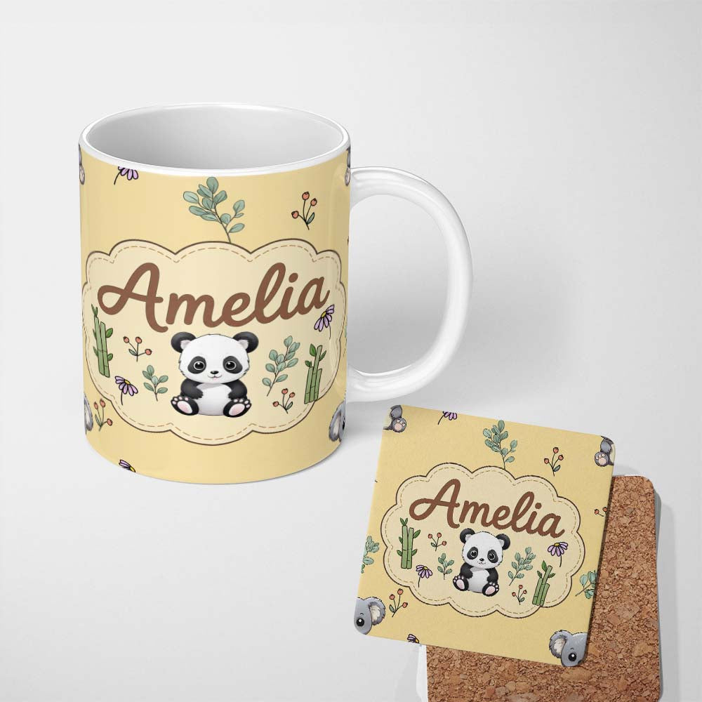 Personalized Custom Name Cute Panda Bear with Bamboo Leaves Floral Pattern Warm Beige Lovely 11oz Ceramic Coffee Tea Mug White Large Handle