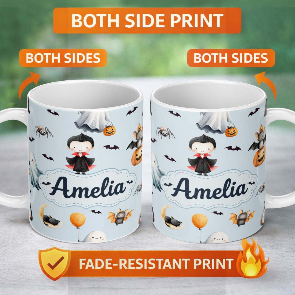 Personalized Custom Name Cute Halloween Dracula Ghost Bats on Soft Blue Background Seamless 11oz Ceramic Coffee Tea Mug White Large Handle