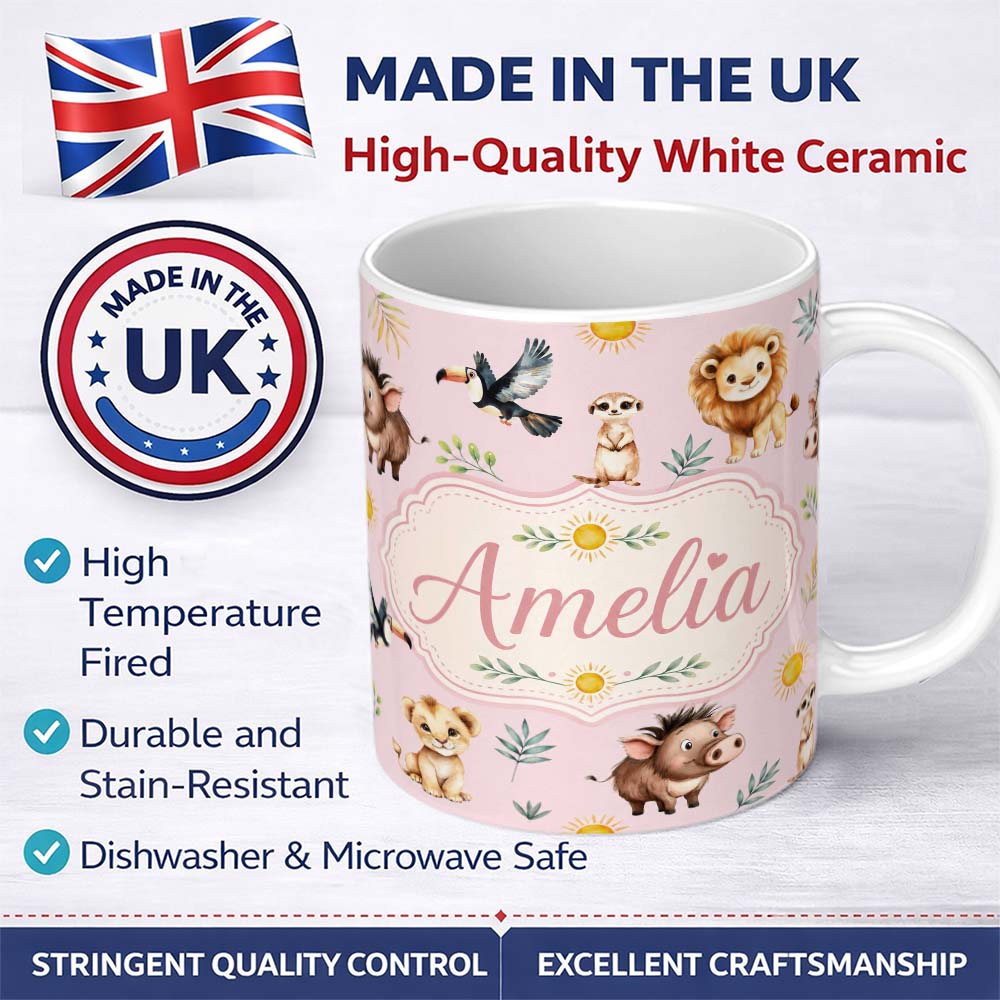 Personalized Custom Name Cute Safari Animals Lion Meerkat Toucan and Warthog with Sun 11oz Ceramic Coffee Tea Mug White Large Handle