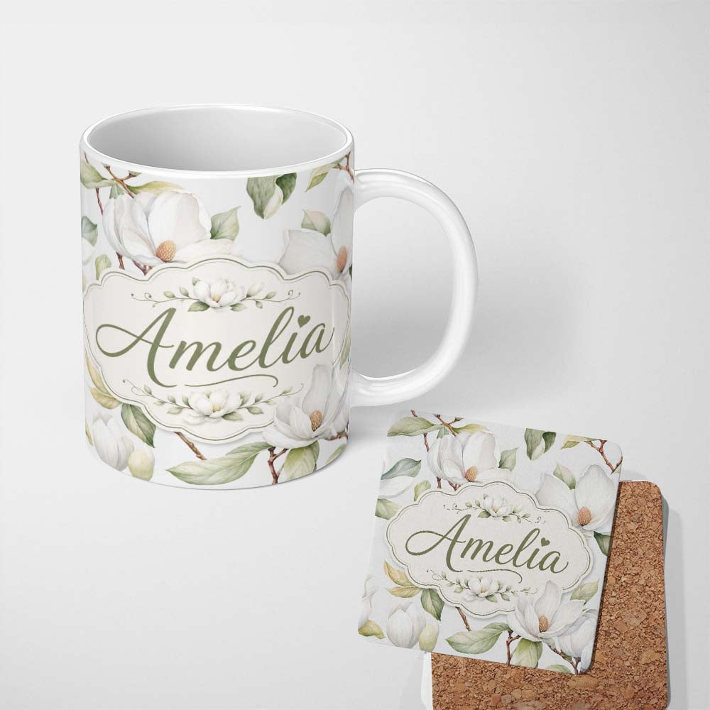 Personalized Custom Name Realistic White Magnolia Bloom and Leaves Seamless Pattern Lovely 11oz Ceramic Coffee Tea Mug White Large Handle