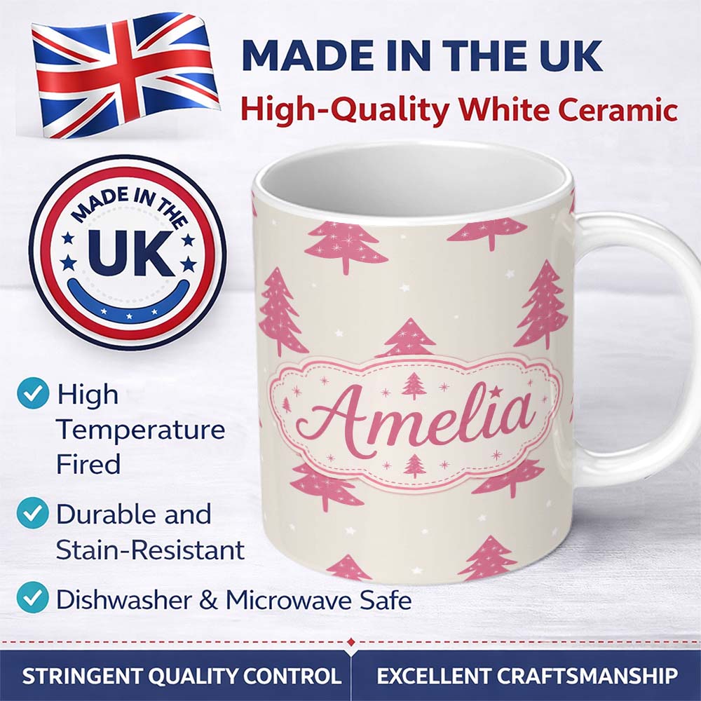 Personalized Custom Name Minimal Pink Christmas Trees Snowflakes Seamless Pattern Lovely 11oz Ceramic Coffee Tea Mug White Large Handle