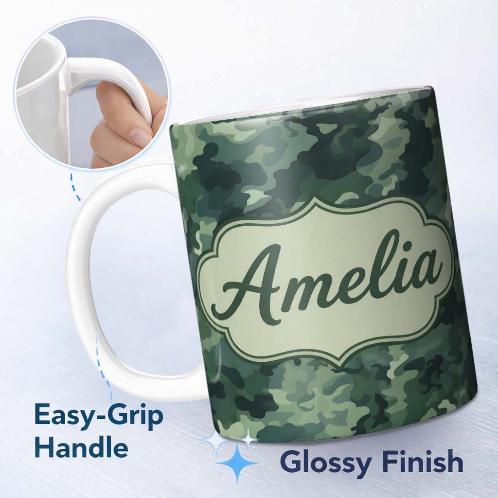 Personalized Custom Name Muted Sage Camouflage Seamless Pattern Thoughtful Gift Idea Lovely 11oz Ceramic Coffee Tea Mug White Large Handle