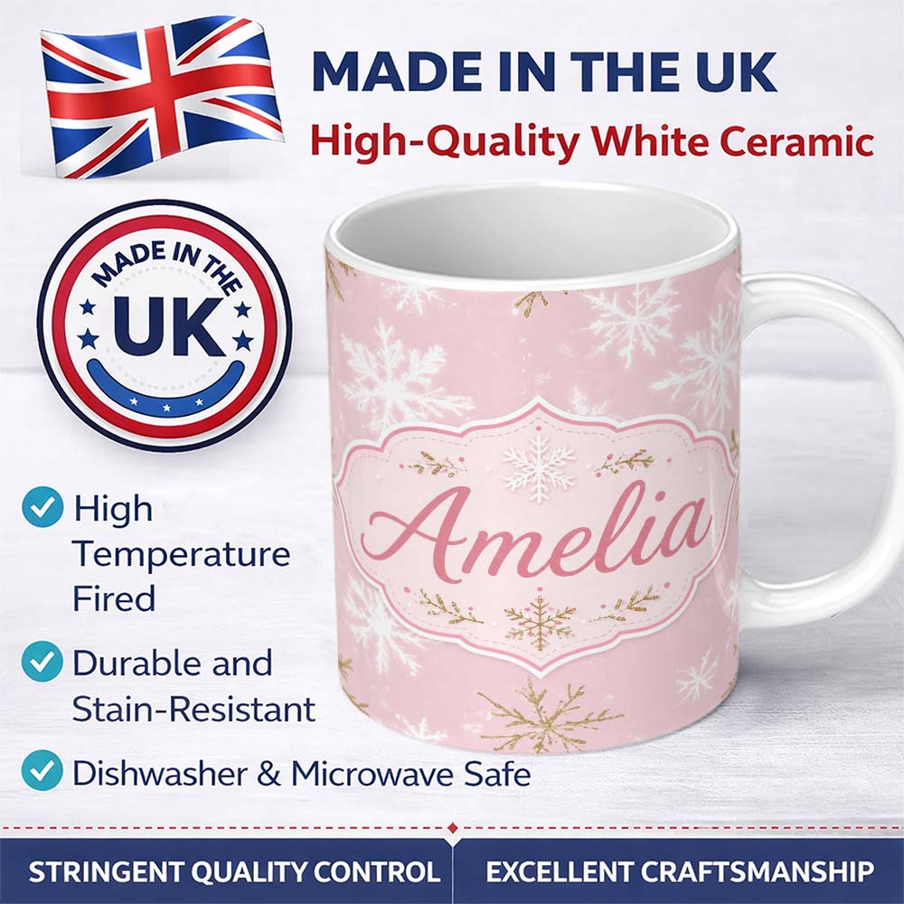 Personalized Custom Name Soft White Snowflake Pink Background Seamless Pattern Lovely 11oz Ceramic Coffee Tea Mug White Large Handle