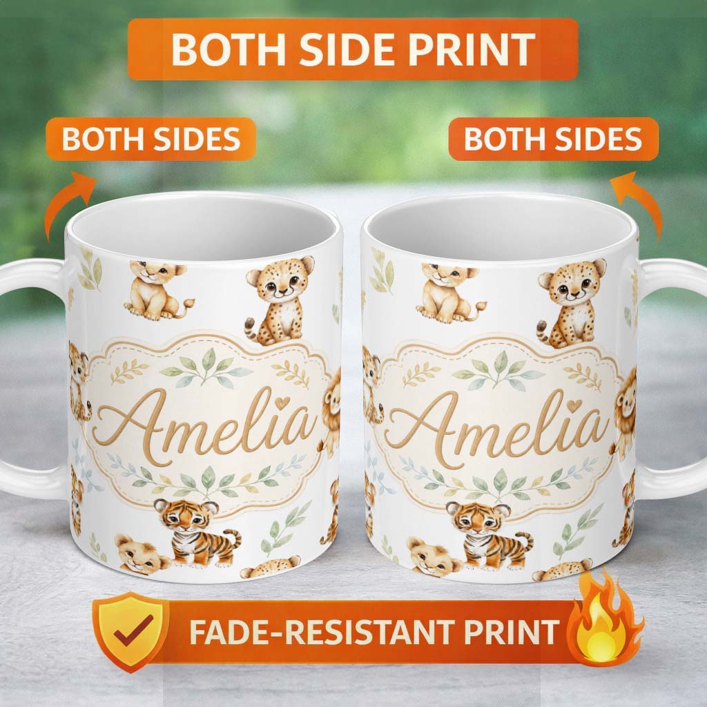 Personalized Custom Name Cute Baby Jungle Animals with Leaves on Grey Background Seamless 11oz Ceramic Coffee Tea Mug White Large Handle