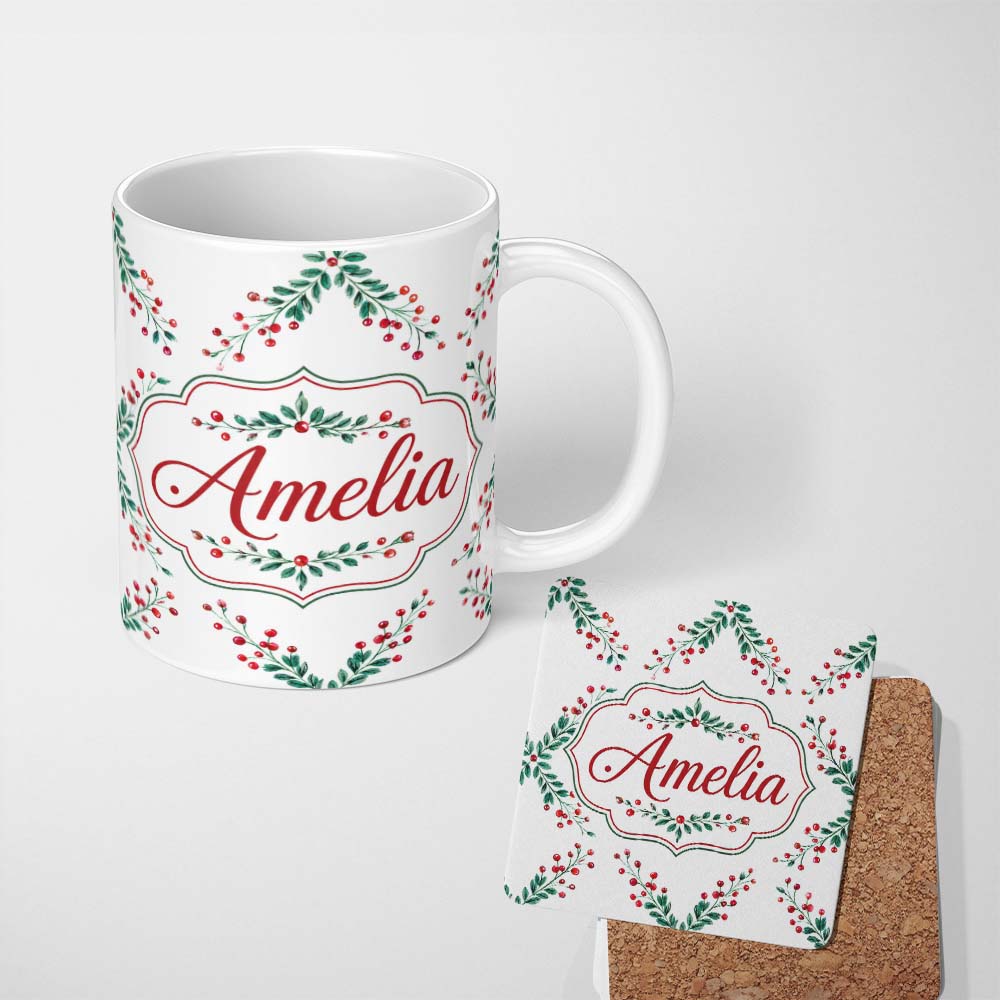 Personalized Custom Name Watercolor Holly Berry Wreath Leaves Festive Seamless Pattern Lovely 11oz Ceramic Coffee Tea Mug White Large Handle