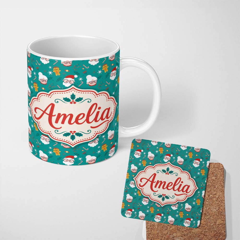 Personalized Custom Name Cute Santa Mrs Claus Gingerbread Seamless Pattern Design Festive 11oz Ceramic Coffee Tea Mug White Large Handle