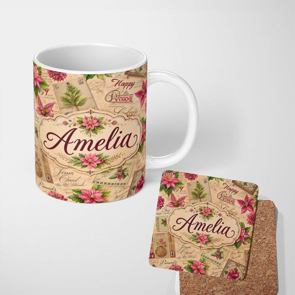 Personalized Custom Name Vintage Christmas Letters Poinsettia Floral Collage Festive Holiday 11oz Ceramic Coffee Tea Mug White Large Handle