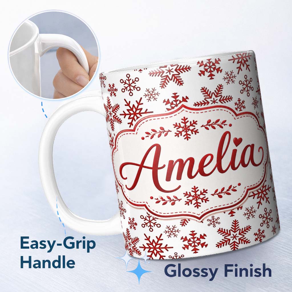 Personalized Custom Name Red Snowflake Winter Holiday Minimal Seamless Pattern Lovely 11oz Ceramic Coffee Tea Mug White Large Handle