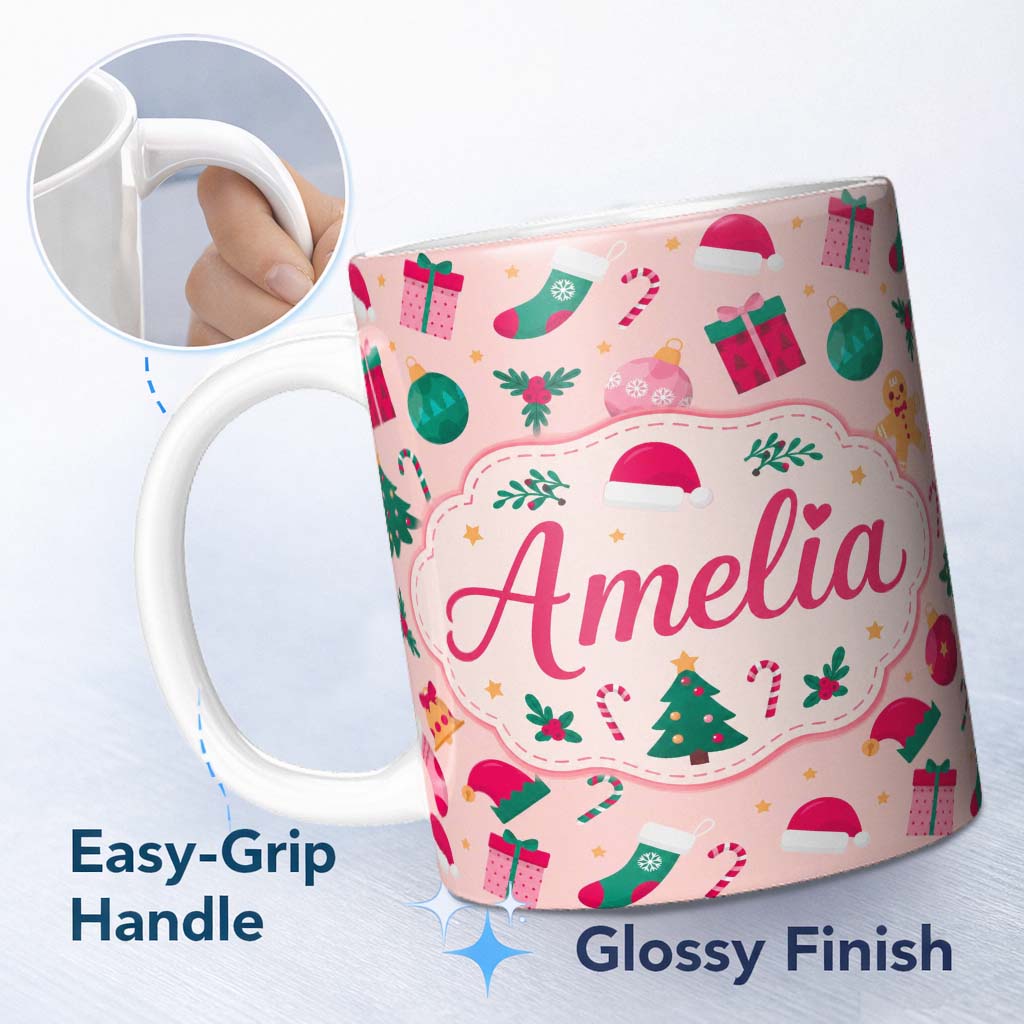 Personalized Custom Name Cute Gingerbread Candy Cane Bauble Tree Seamless Pattern Lovely 11oz Ceramic Coffee Tea Mug White Large Handle