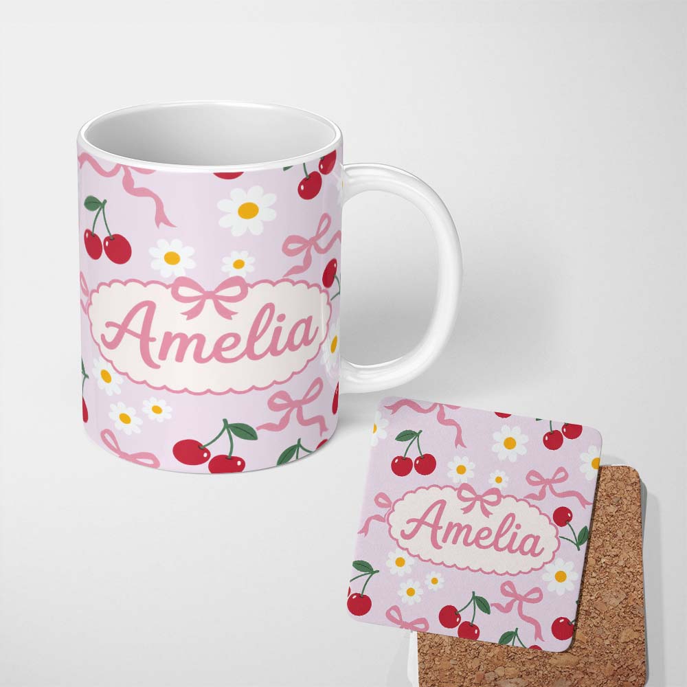 Personalized Custom Name Cute Cherry Bow and Daisy Seamless Pattern on Lavender Lovely 11oz Ceramic Coffee Tea Mug White Large Handle