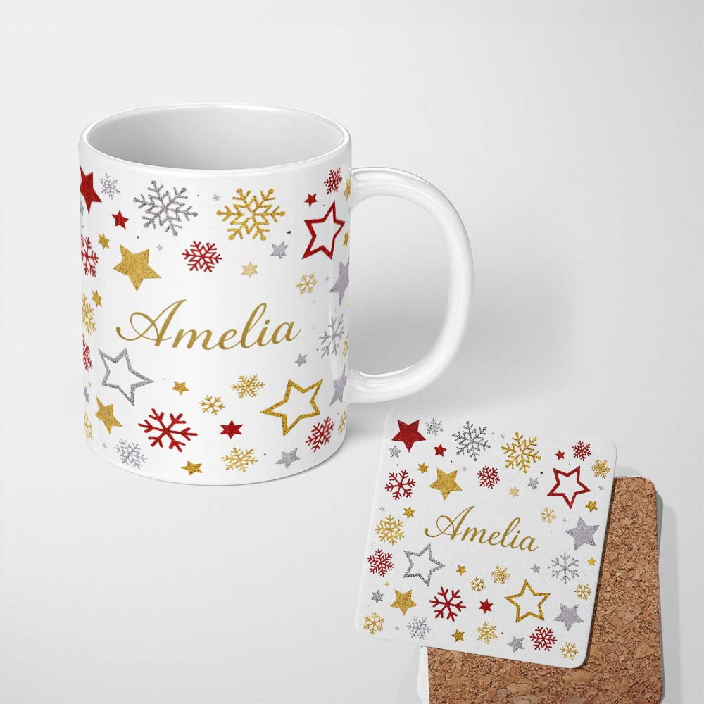 Personalized Custom Name Festive Stars and Snowflakes Pattern White Background Seamless 11oz Ceramic Coffee Tea Mug White Large Handle