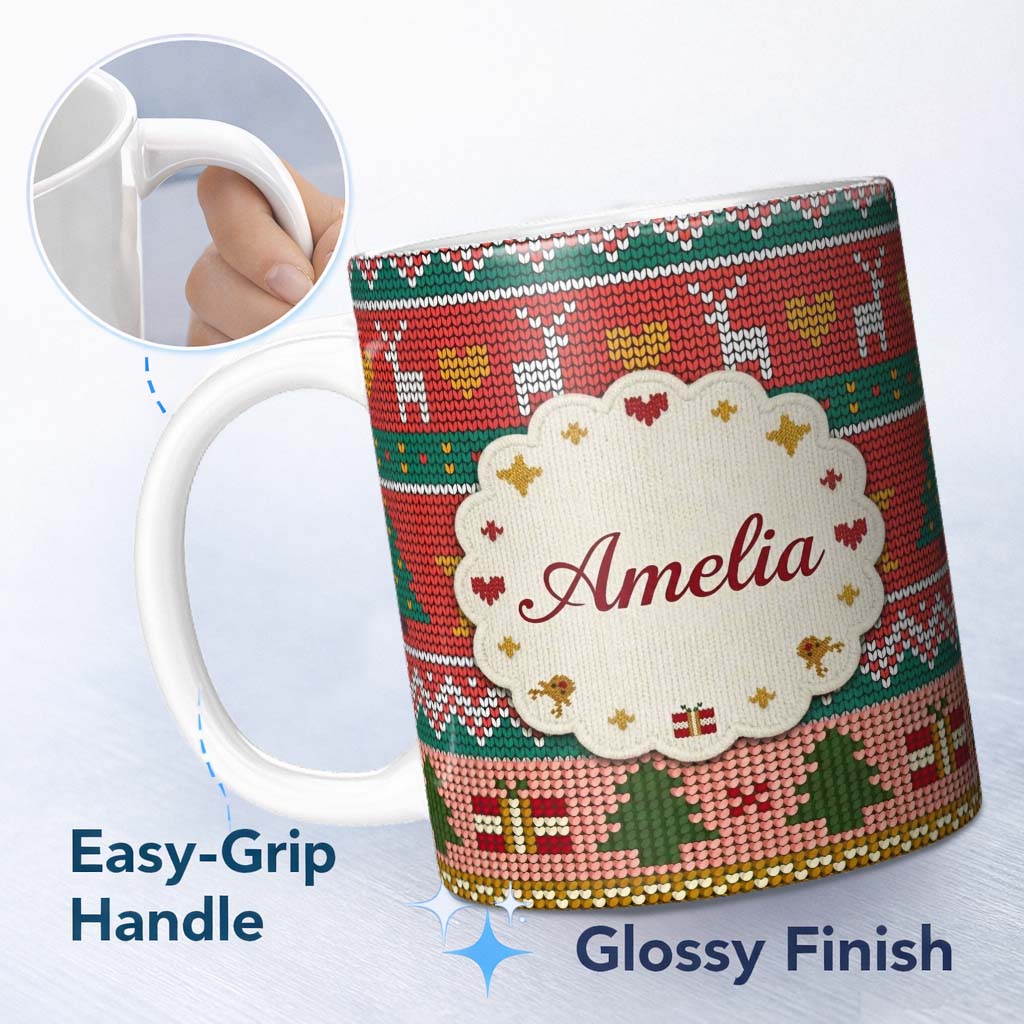 Personalized Custom Name Nordic Deer Heart Tree Knit Pattern Red Green White Festive Seamless 11oz Ceramic Coffee Tea Mug White Large Handle