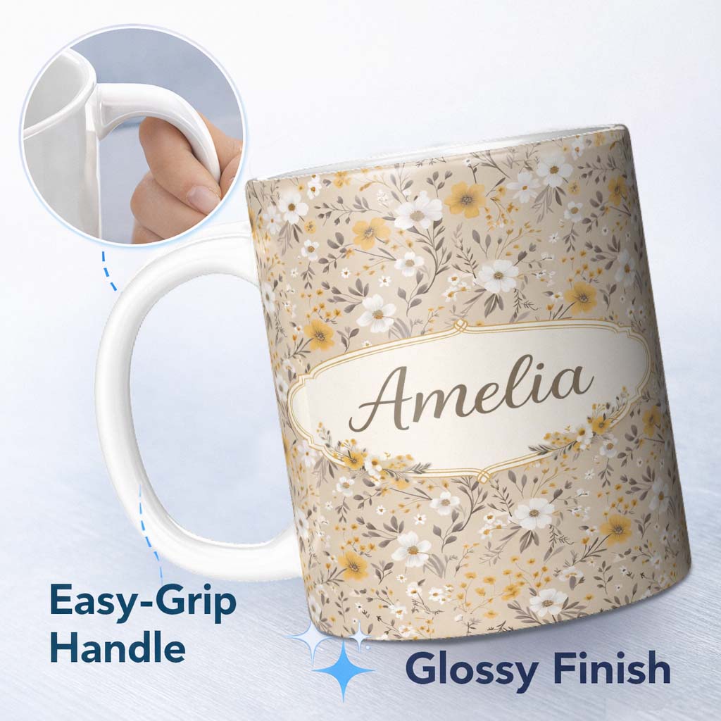 Personalized Custom Name Soft Yellow White Floral Ditsy Seamless Pattern Cute Unique Gift 11oz Ceramic Coffee Tea Mug White Large Handle