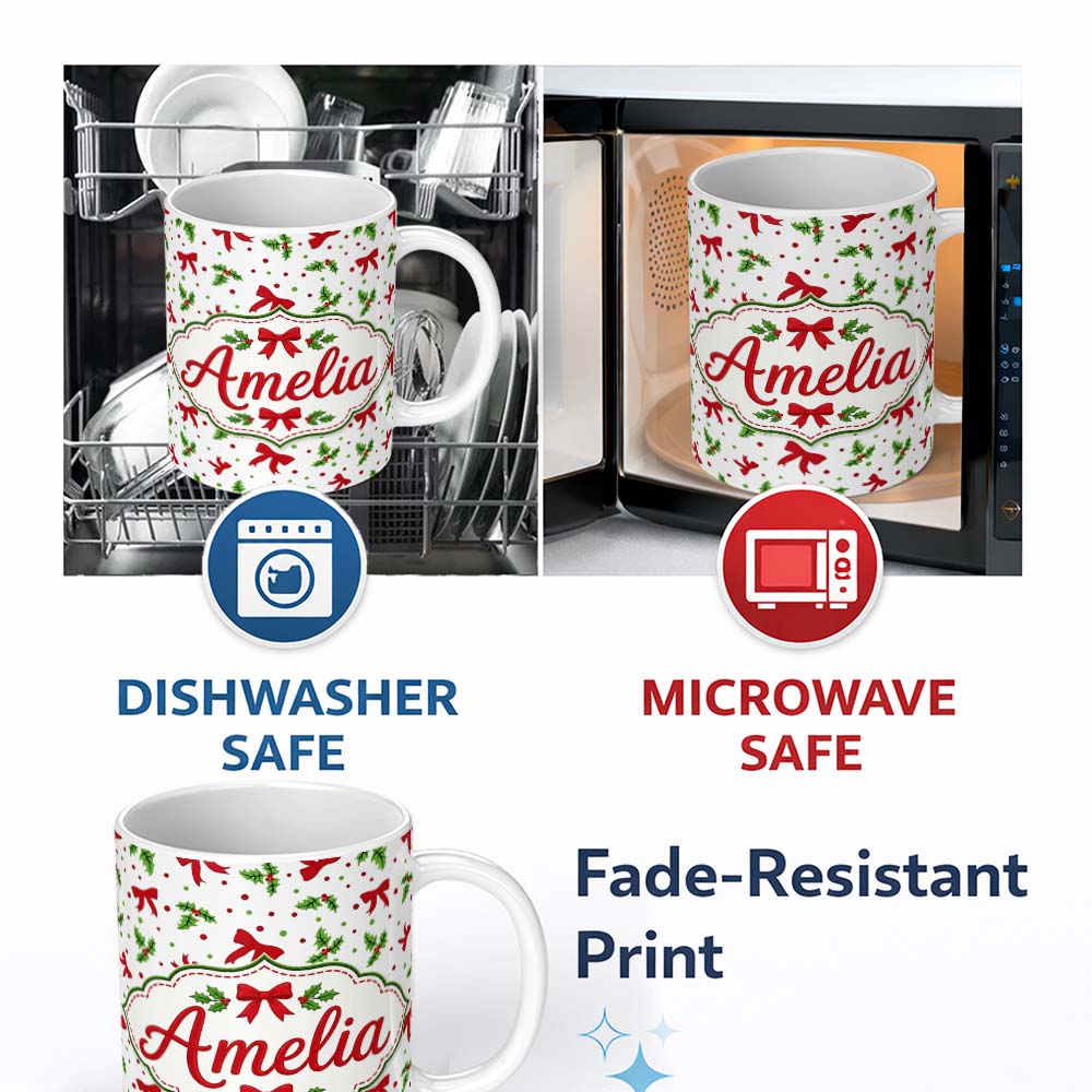 Personalized Custom Name Festive Holly Leaves Red Bows Polka Dot Christmas Seamless Pattern 11oz Ceramic Coffee Tea Mug White Large Handle