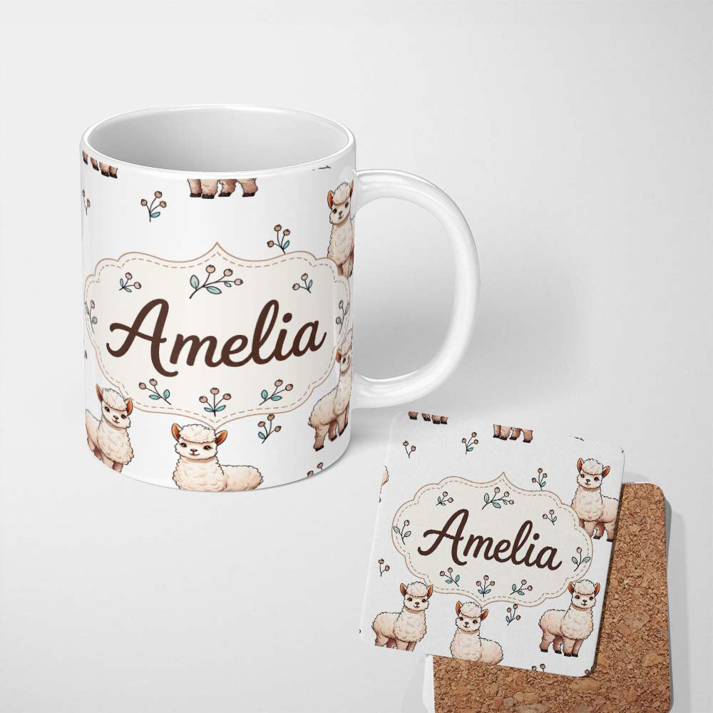 Personalized Custom Name Cute Alpaca Llama Farm Animals Floral Seamless Pattern Light Grey 11oz Ceramic Coffee Tea Mug White Large Handle