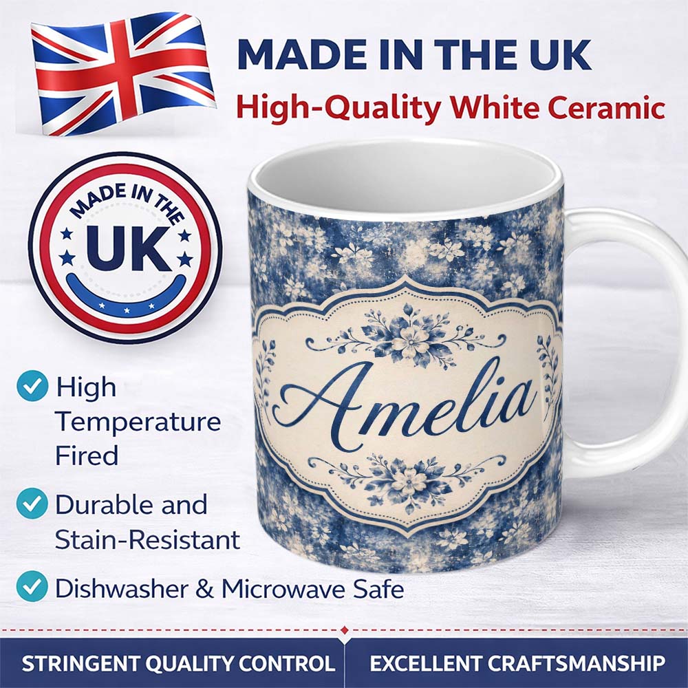 Personalized Custom Name Indigo Blue Abstract Floral Splash Seamless with Soft Watercolour 11oz Ceramic Coffee Tea Mug White Large Handle