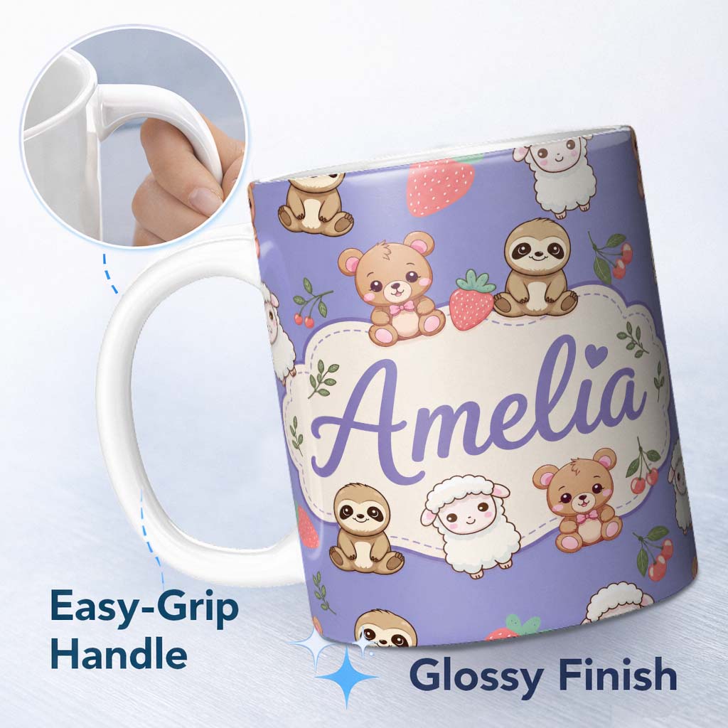 Personalized Custom Name Cute Baby Animals Bear Sheep Sloth Strawberry Cherry Purple Lovely 11oz Ceramic Coffee Tea Mug White Large Handle