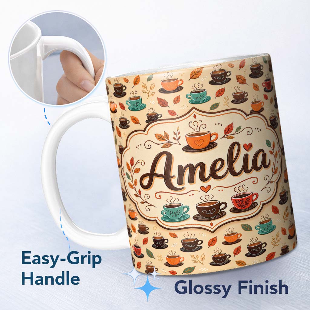 Personalized Custom Name Autumn Coffee Cups with Falling Leaves Seamless Pattern Lovely 11oz Ceramic Coffee Tea Mug White Large Handle