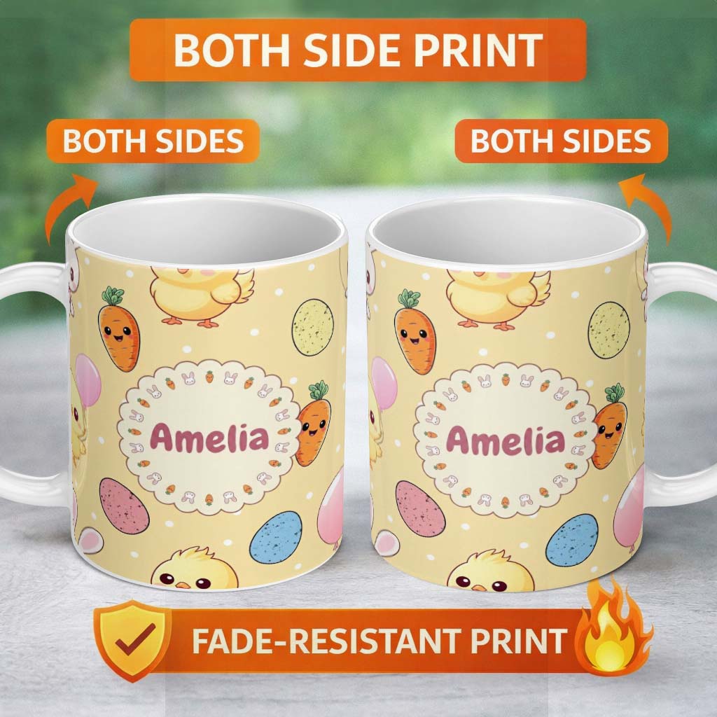 Personalized Custom Name Cute Easter Bunny Chick Carrots Eggs Polka Dot Pastel Yellow Lovely 11oz Ceramic Coffee Tea Mug White Large Handle