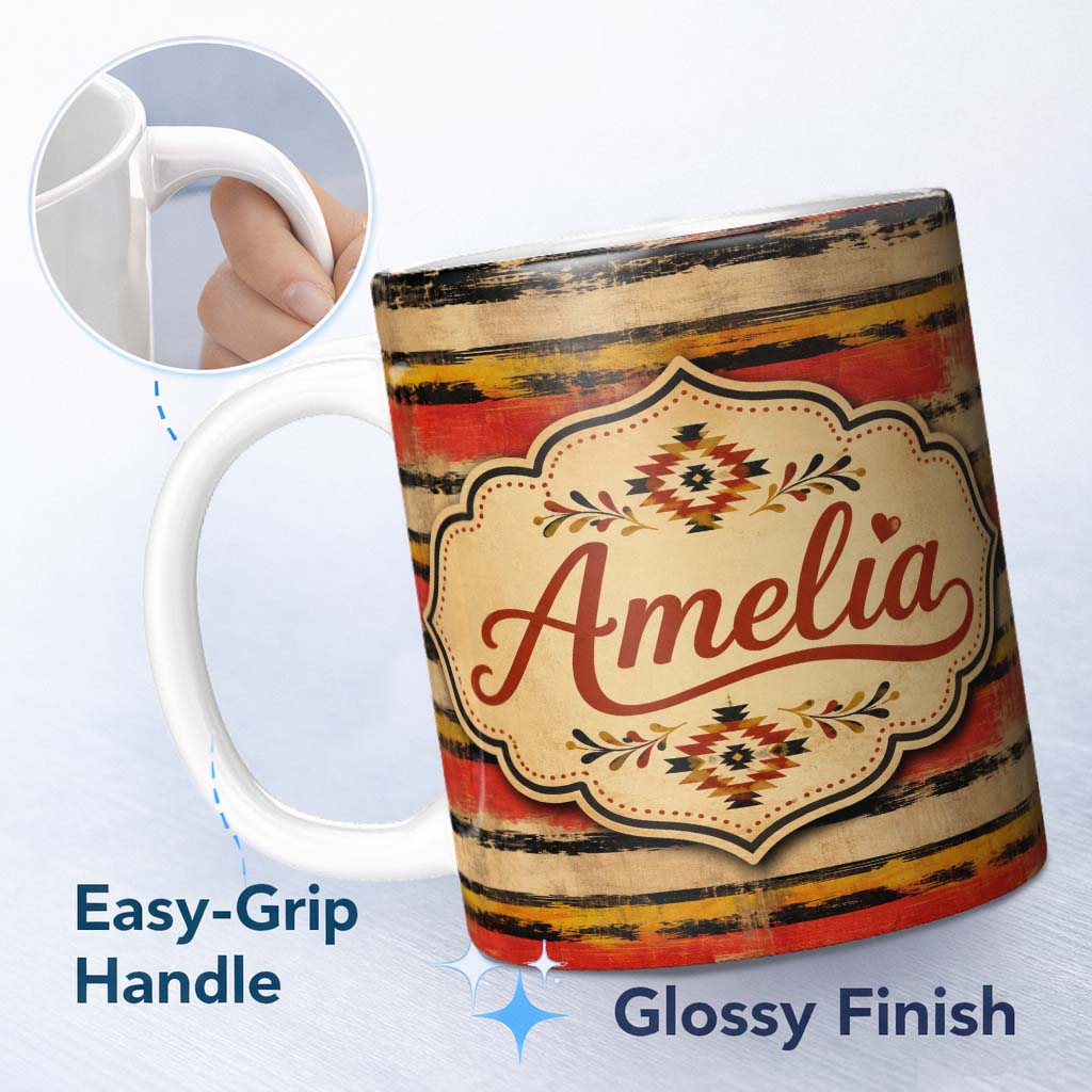 Personalized Custom Name Abstract Grunge Stripe Pattern in Red Black and Ochre on Neutral 11oz Ceramic Coffee Tea Mug White Large Handle