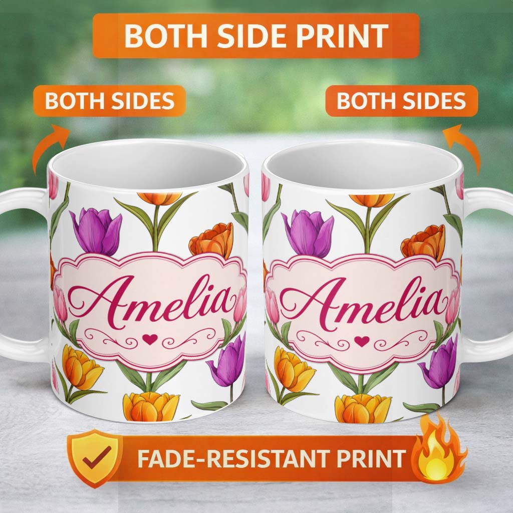 Personalized Custom Name Elegant Tulip Floral Seamless Pattern Light Grey Background Spring 11oz Ceramic Coffee Tea Mug White Large Handle
