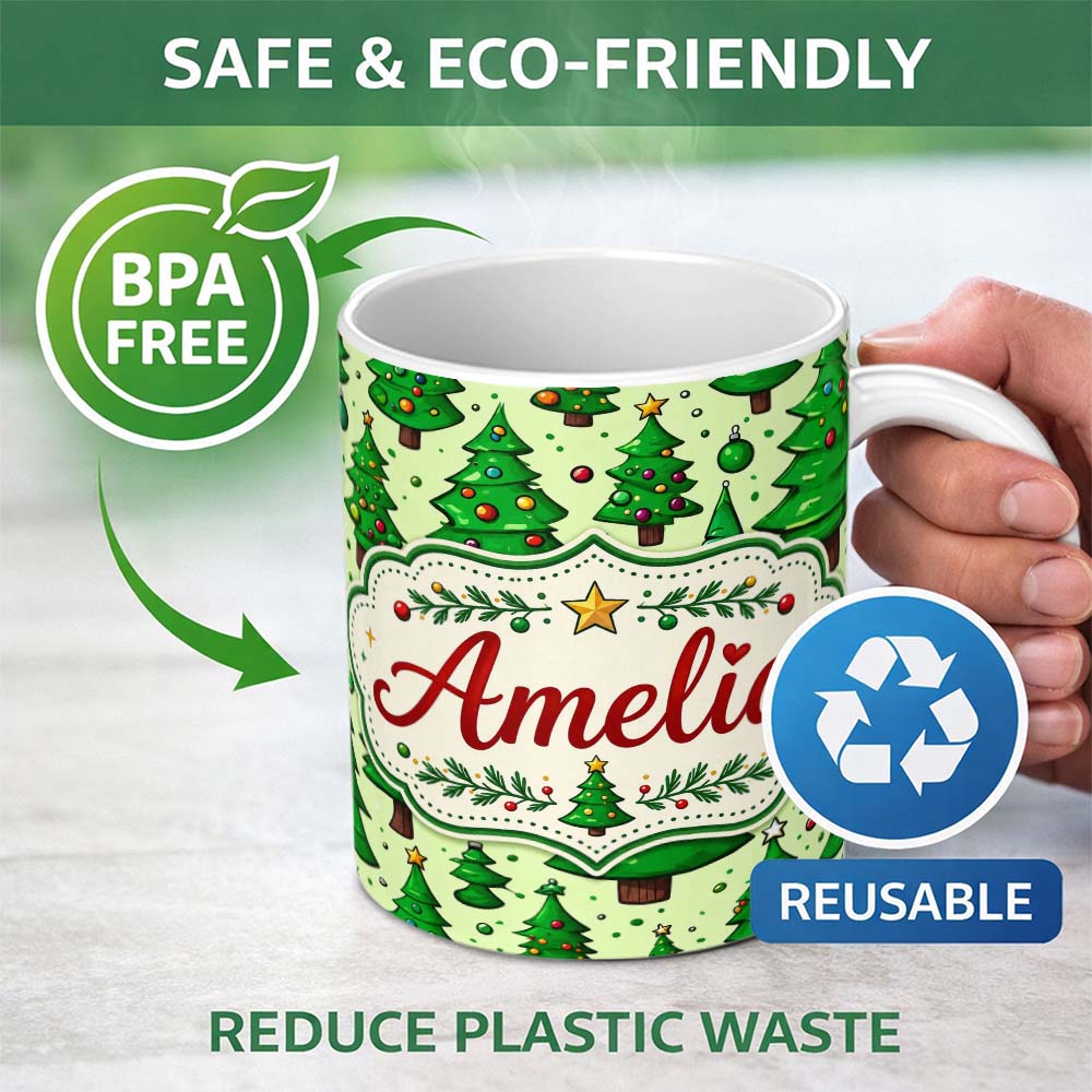 Personalized Custom Name Cartoon Style Christmas Trees with Ornaments and Stars Cute Seamless 11oz Ceramic Coffee Tea Mug White Large Handle