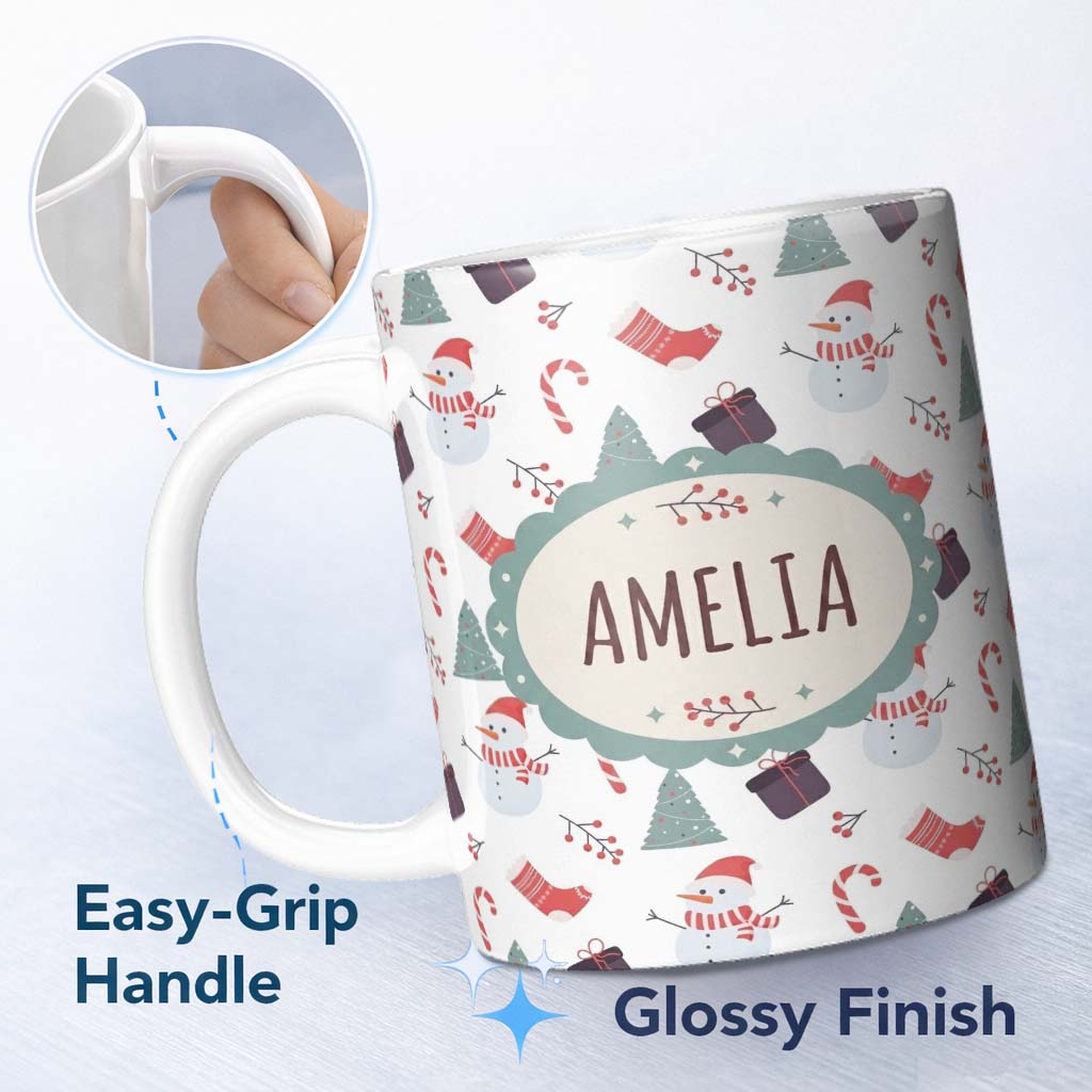 Personalized Custom Name Cute Snowman Candy Cane Gifts and Christmas Tree Minimal Seamless 11oz Ceramic Coffee Tea Mug White Large Handle