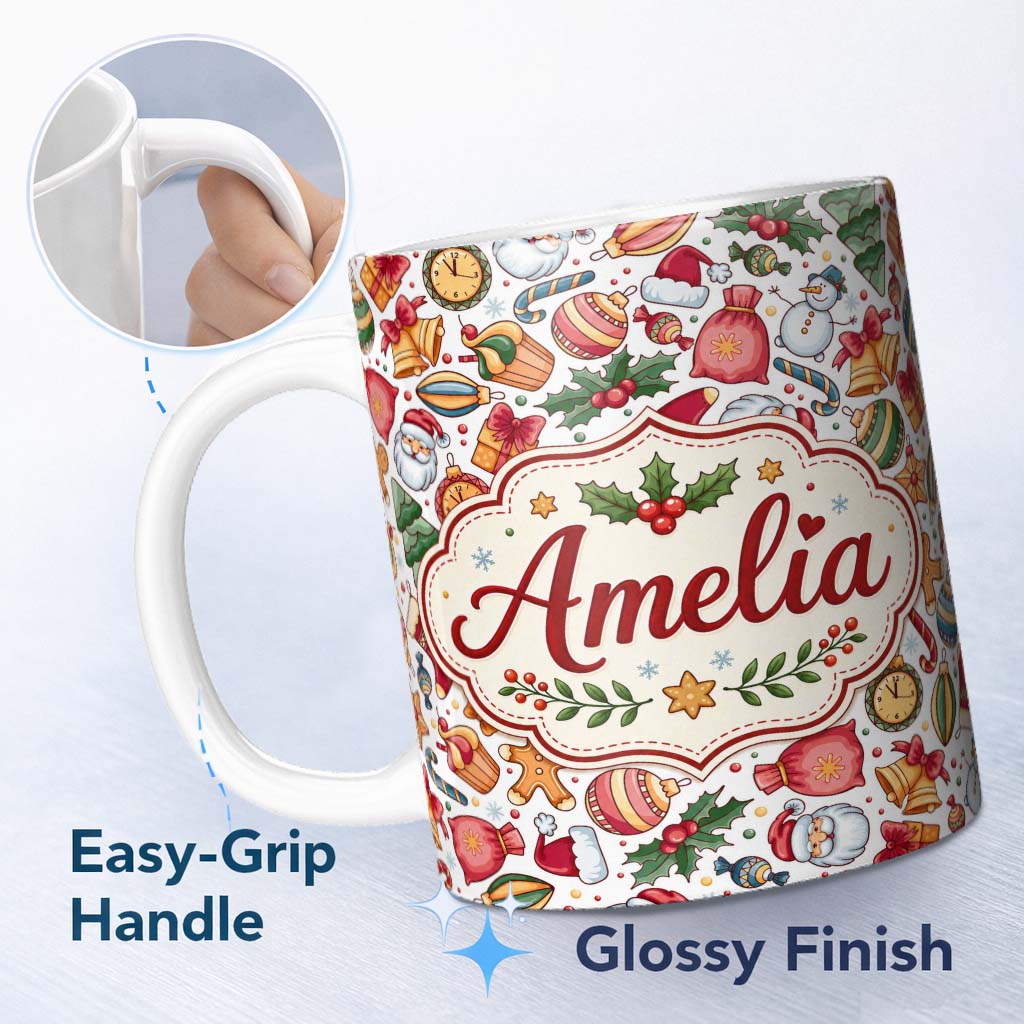 Personalized Custom Name Cute Christmas Santa Gifts Snowman Candy Seamless Pattern Lovely 11oz Ceramic Coffee Tea Mug White Large Handle