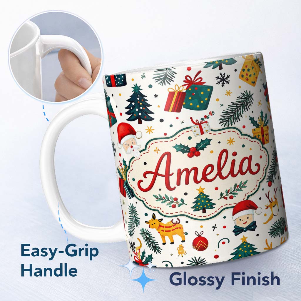 Personalized Custom Name Cute Santa Reindeer Gift Box Pine Branch Seamless Pattern Lovely 11oz Ceramic Coffee Tea Mug White Large Handle