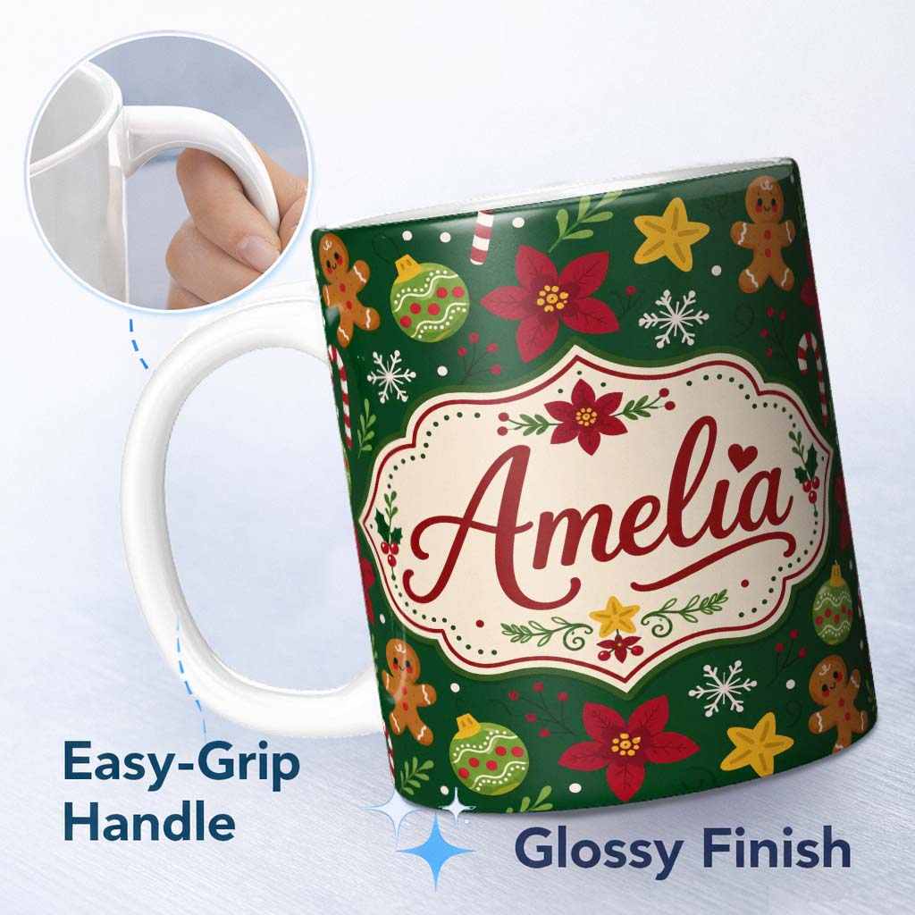Personalized Custom Name Cute Gingerbread Candy Cane Bauble Flower Seamless Pattern Xmas 11oz Ceramic Coffee Tea Mug White Large Handle